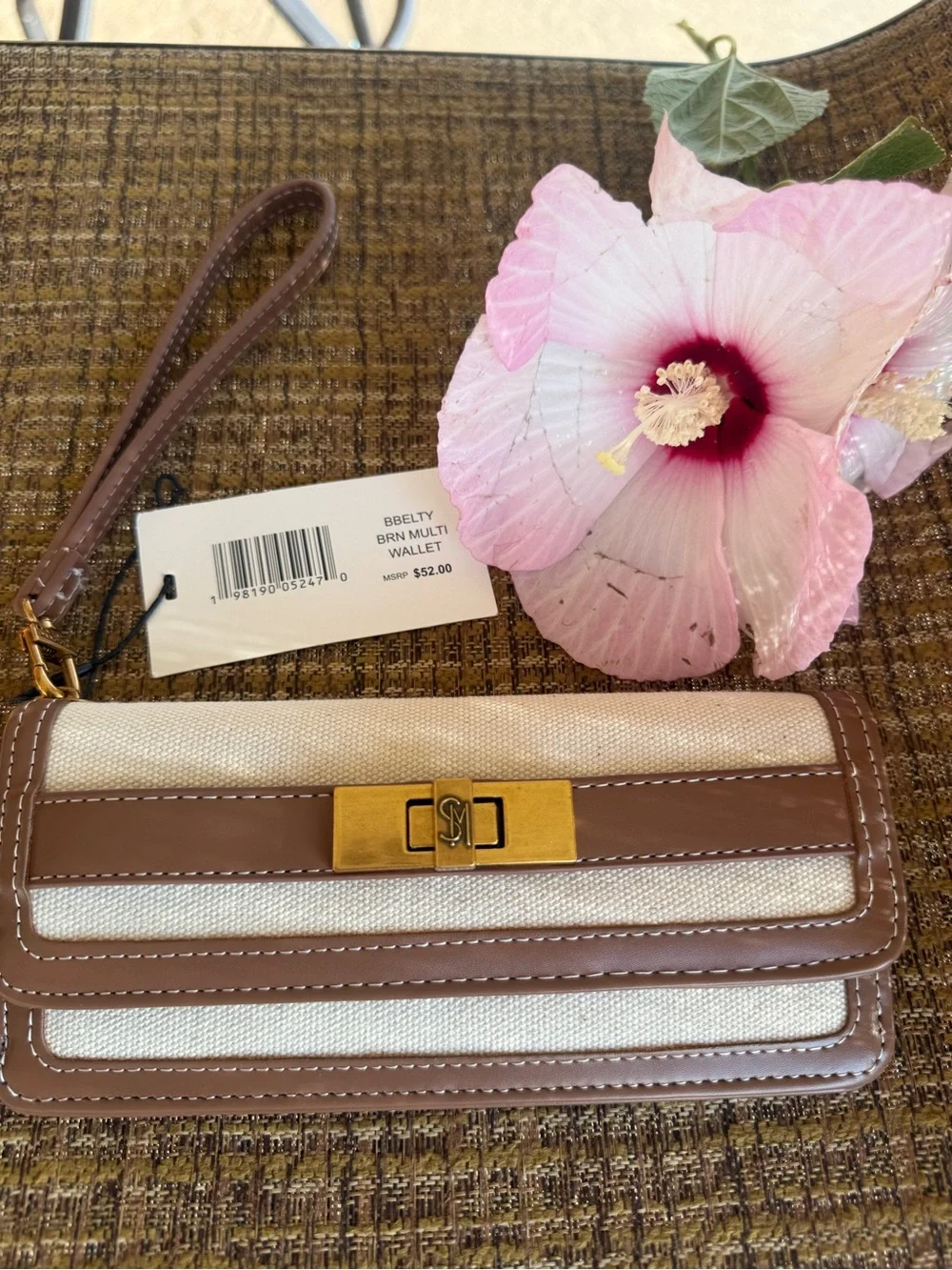 Steve Madden Beige and Taupe Canvas Wristlet with Unique Gold Accent Hardwares